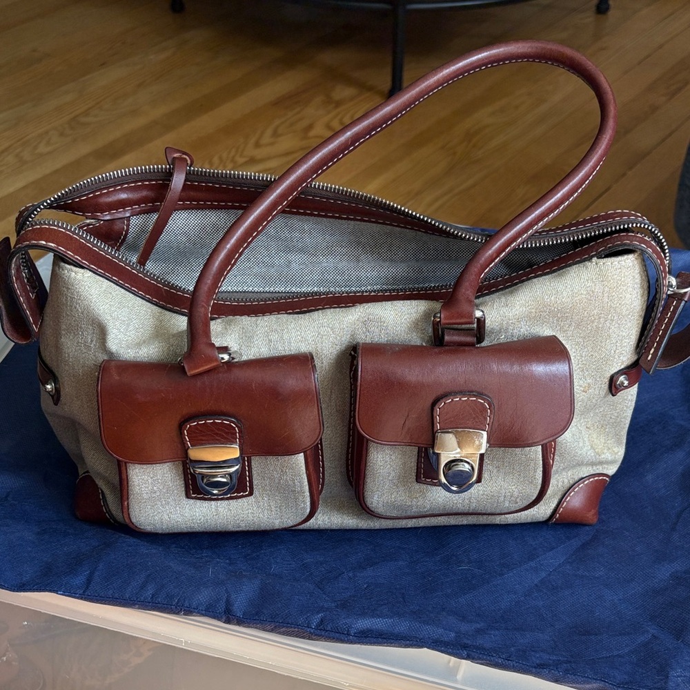 Vintage Dooney & Bourke Brown leather and Beige Handbag with Dual Pockets